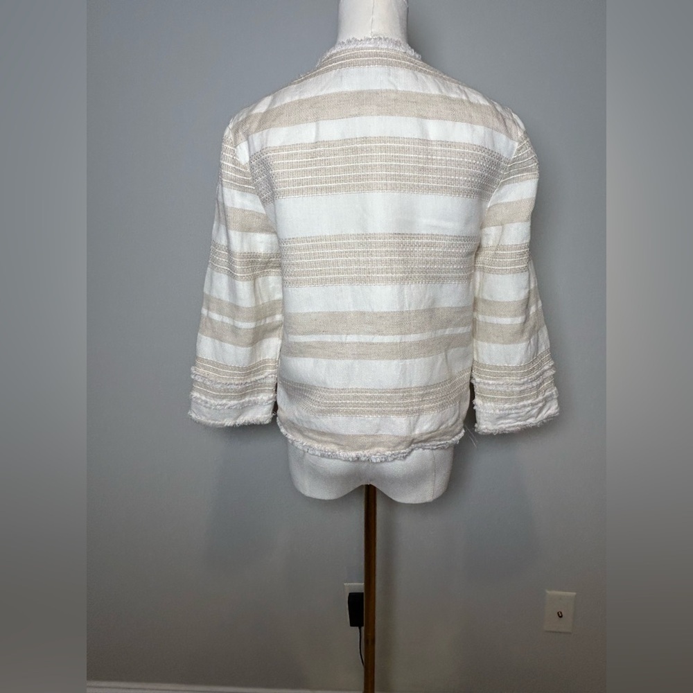 Greylin stripe linen cotton Blazer small fringe trim open front - Picture 6 of 10